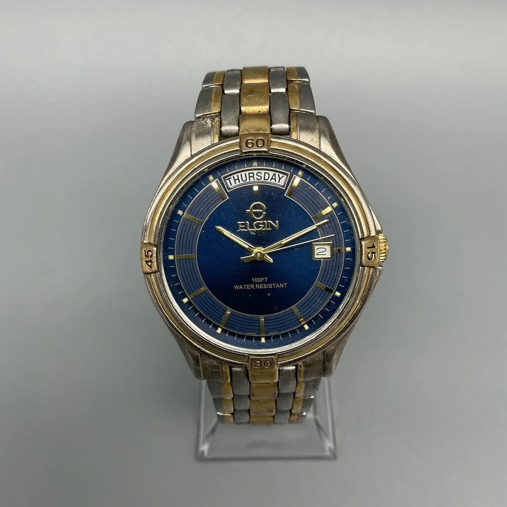 Vtg Elgin FCM215 Mens Watch 38mm Blue Dial Two Tone Day Date New Battery 7.25